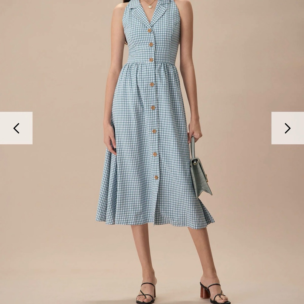 SOLD The Blue Lapel Plaid Sleeveless Shirt Midi Dress-XS